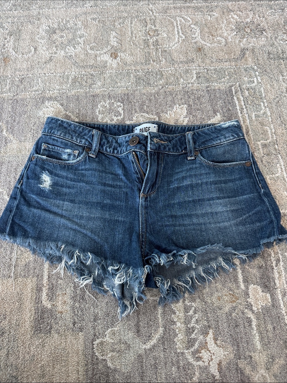 PAIGE Frayed Dark Blue Denim Cutoff Shorts